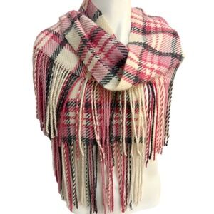 Banana Republic Pink Tartan Wool-Blend Fringe Scarf – Long 70" Wrap